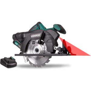 Fierastrau circular de mana VONROC S_CS501DC, 2.0Ah 20V, lumina de lucru LED, ghidaj paralel, laser integrat, panza circulara 150mm, cheie imbus, baterie 2.0Ah si incarcator...