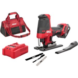 Fierastrau vertical pe acumulator cu functie de pendulare Skil Red SW1E2433DA, 12 V, motor Brushless, 3 panze, 1 acumulator 2.0 Ah, incarcator si geanta de transport